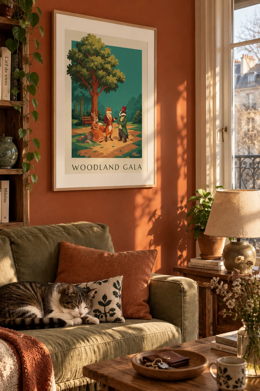 Poster of woodland animals in costume in a forest clearing: framed on the wall