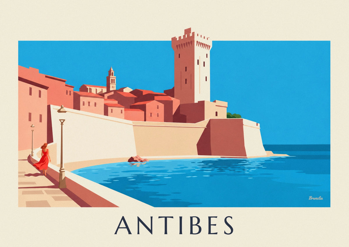 Antibes ramparts, Grimaldi castle and woman’s silhouette poster