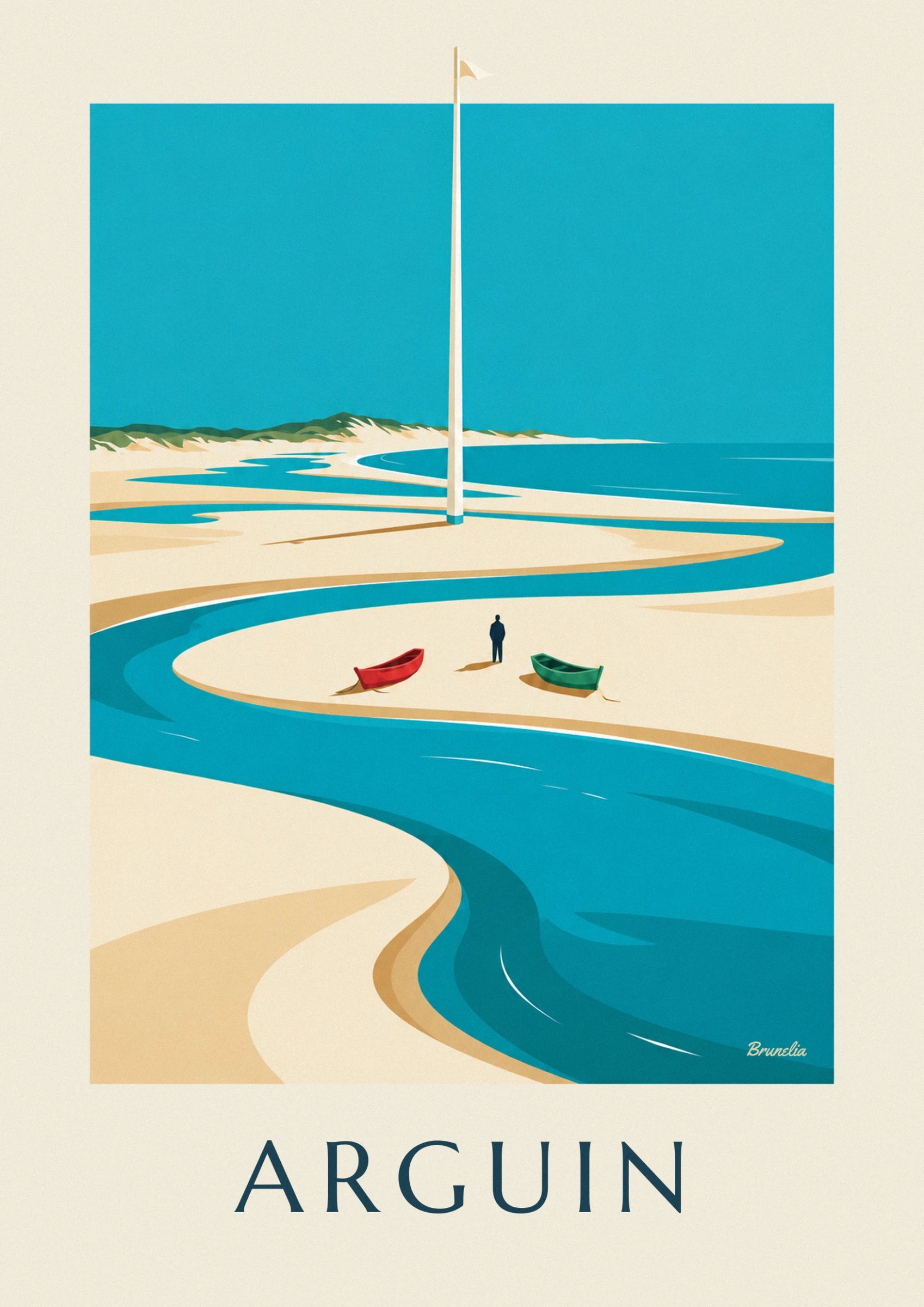 The walker in a dark jacket near a green rowing boat resting on the sand