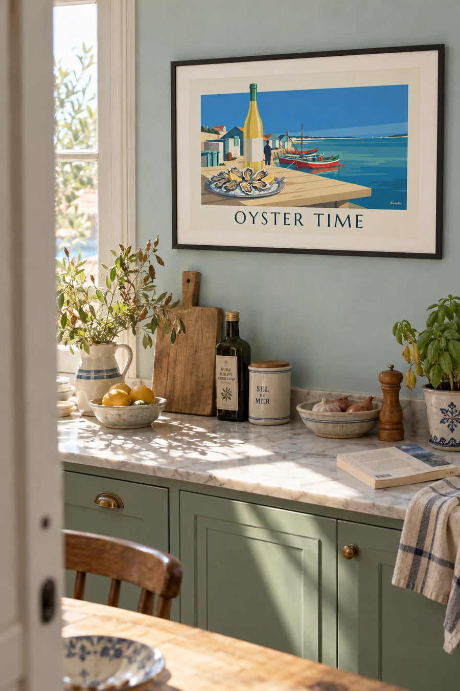 Poster of oysters and white wine from the Arcachon Bay: framed on the wall