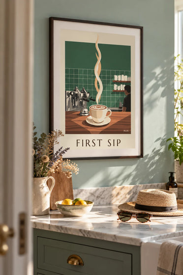 Poster Cappuccino mit Milchschaumherz auf einer Cafétheke: gerahmt an der Wand