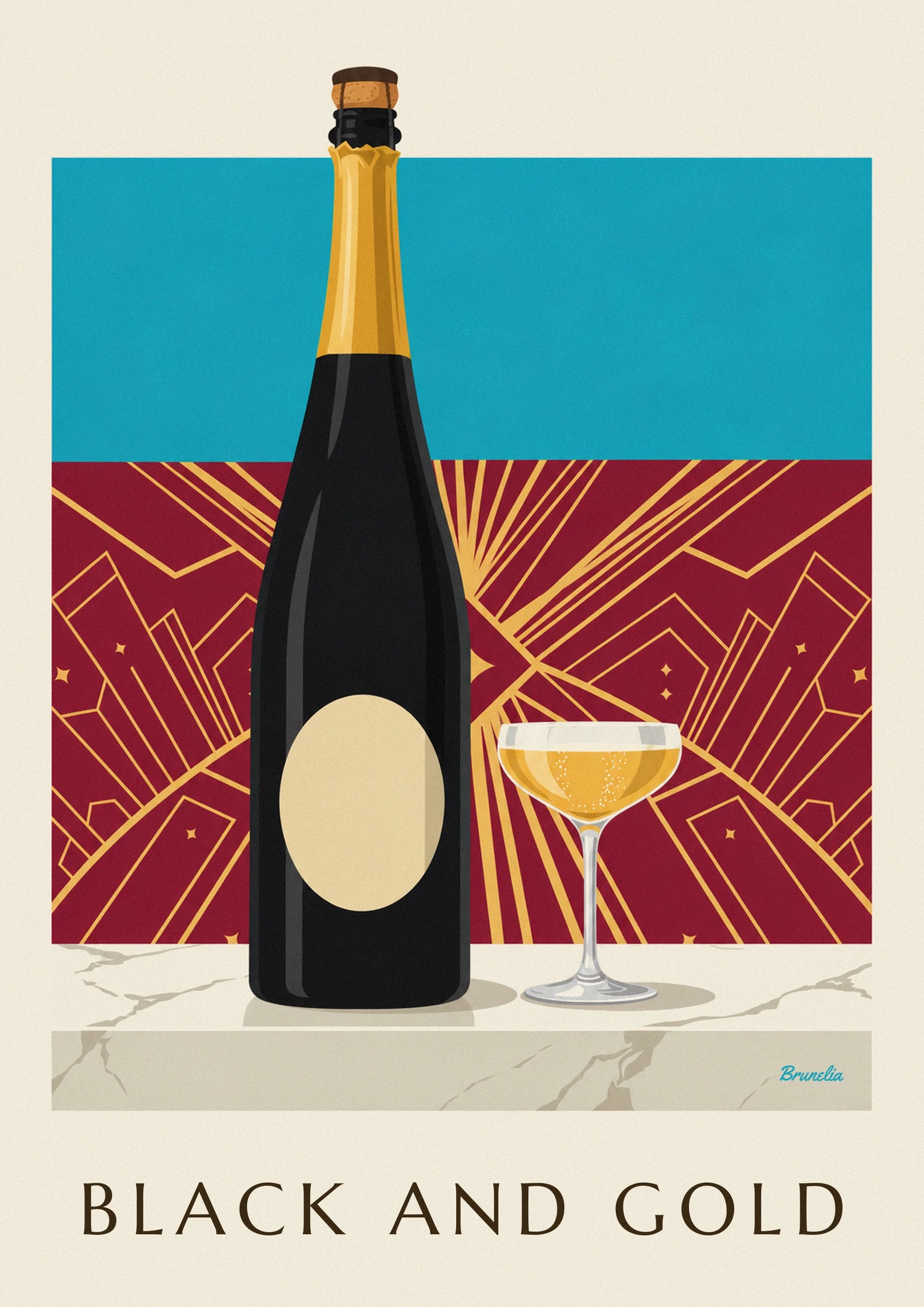 Poster Champagnerflasche Brut in Schwarz und Gold: Detail in Nahaufnahme