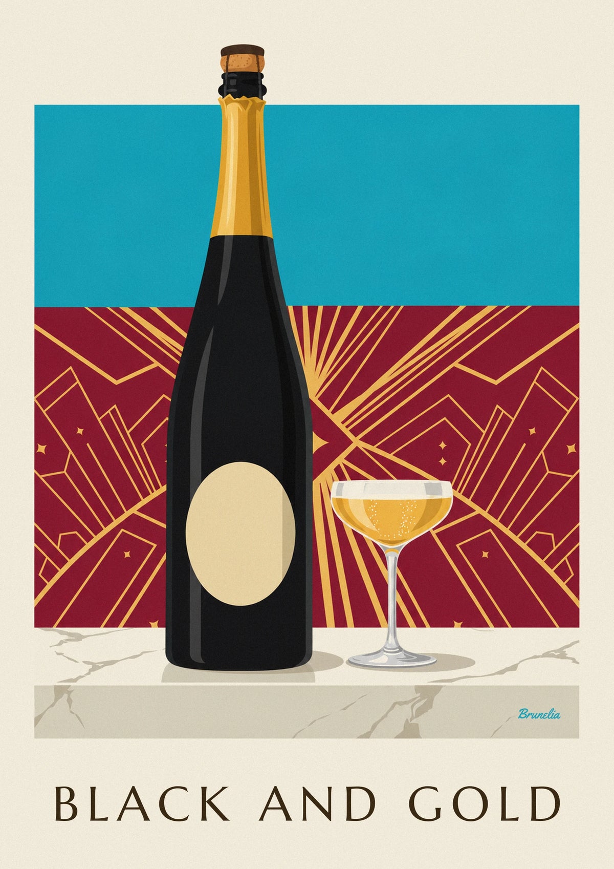 Poster Champagnerflasche Brut in Schwarz und Gold