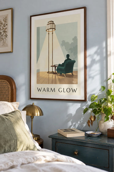 Poster Stehlampe mit geometrischem Lampenschirm und Sessel: gerahmt an der Wand