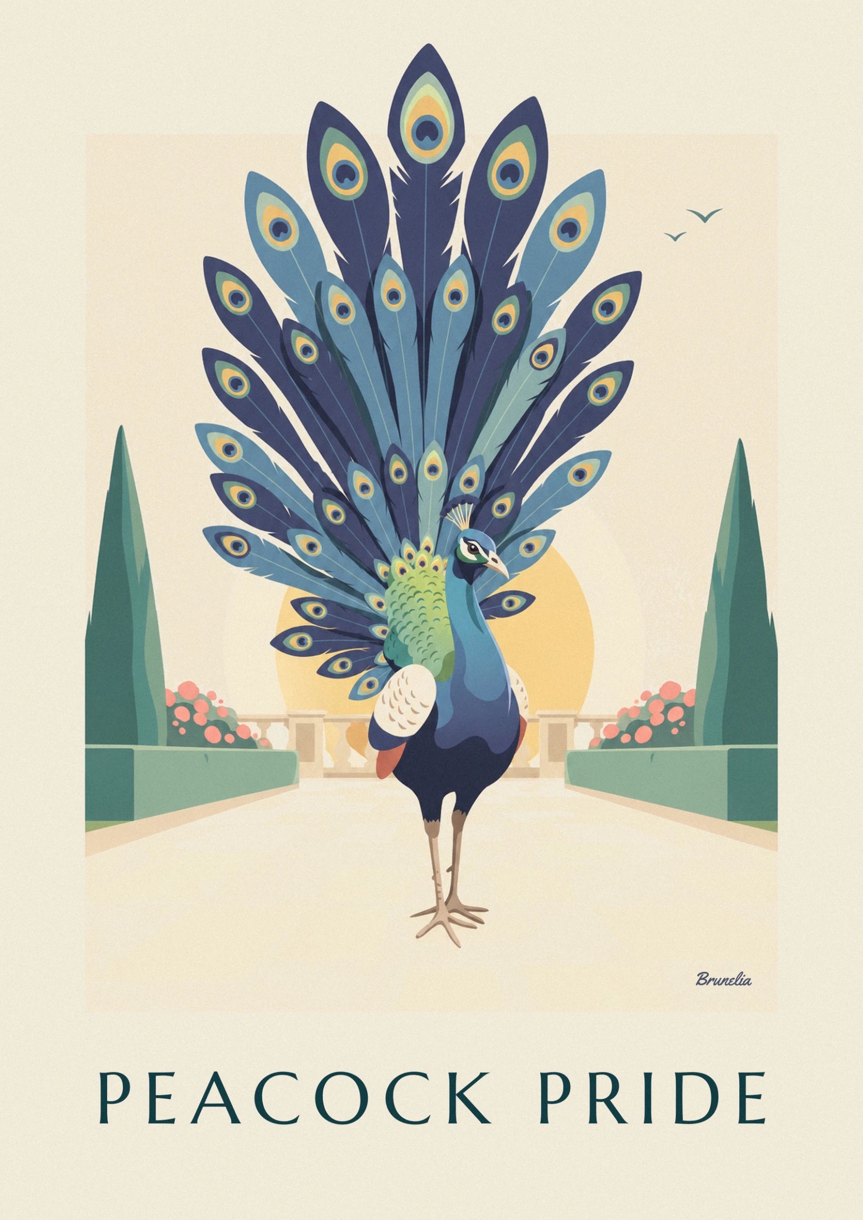 Der blau-grüne Pfau auf seinen langen Beinen, vor der goldenen Sonne und der Balustrade