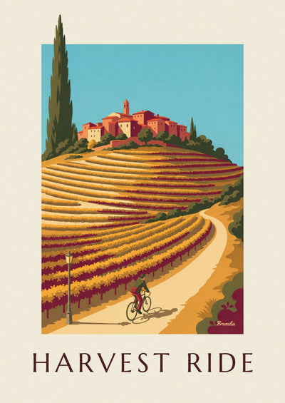 Poster of a cyclist in the vineyards in autumn: the full poster