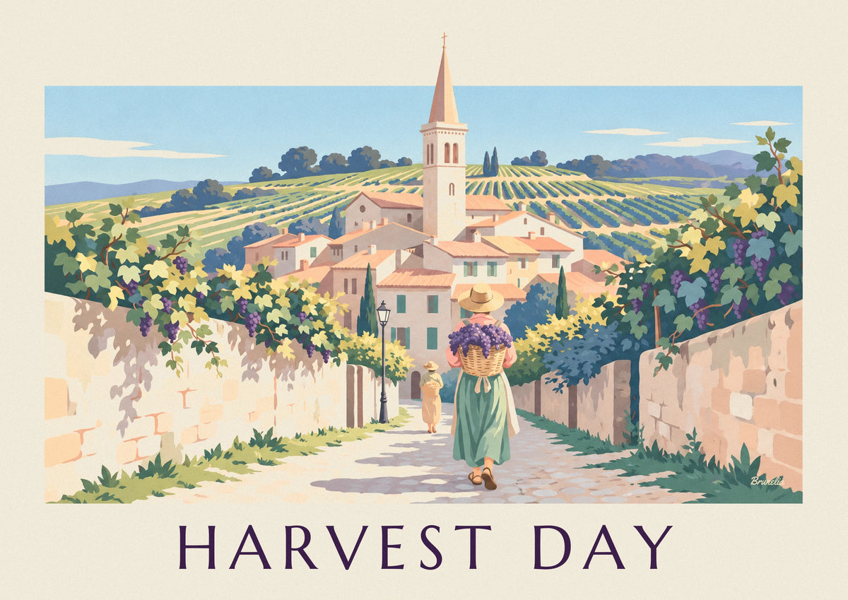 Village lane grape picker with harvest basket poster