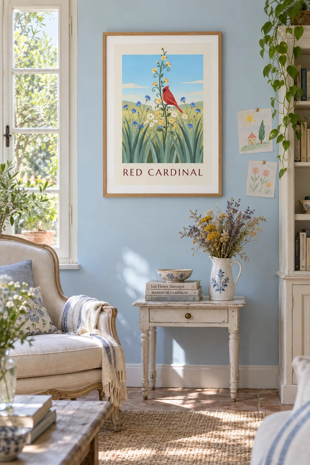 Red cardinal and wildflowers poster on the wall