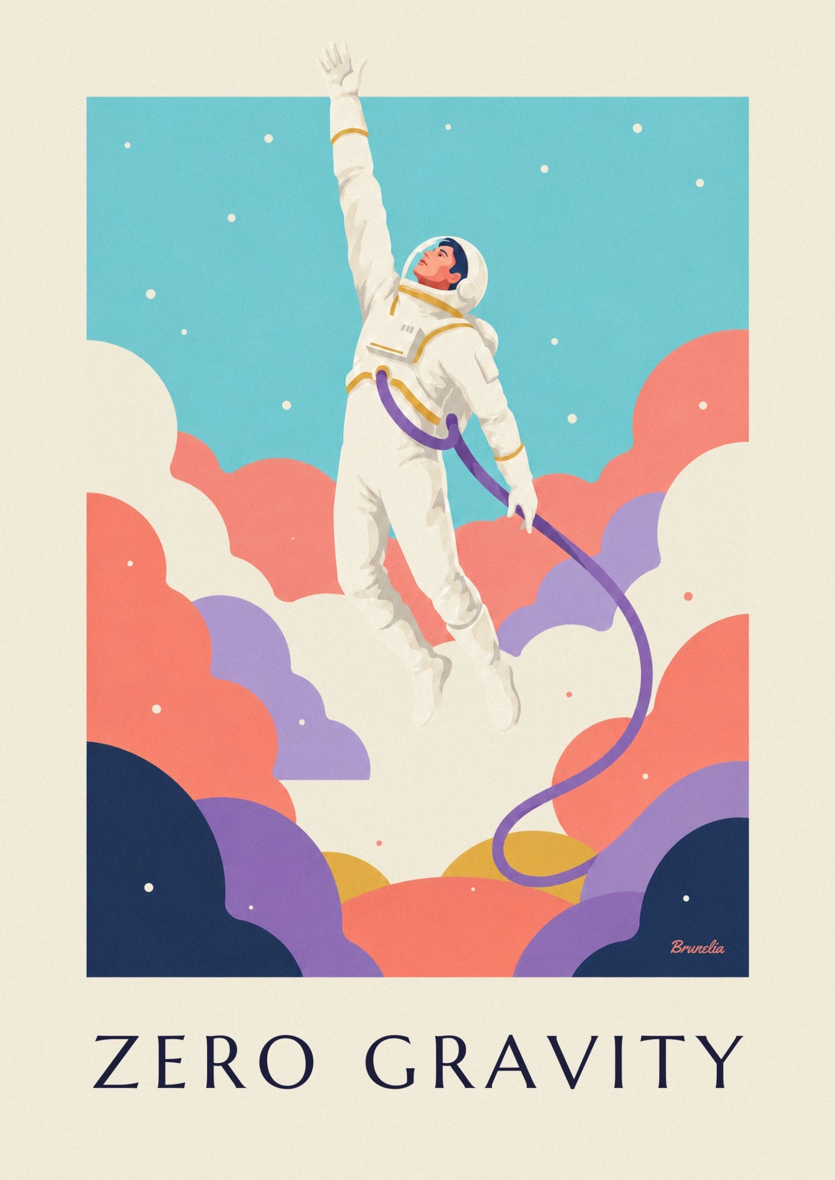 L’astronaute en combinaison blanche aux liserés dorés, son tuyau violet sur fond turquoise