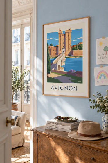 Poster Pont Saint-Bénézet und Papstpalast in Avignon: gerahmt an der Wand