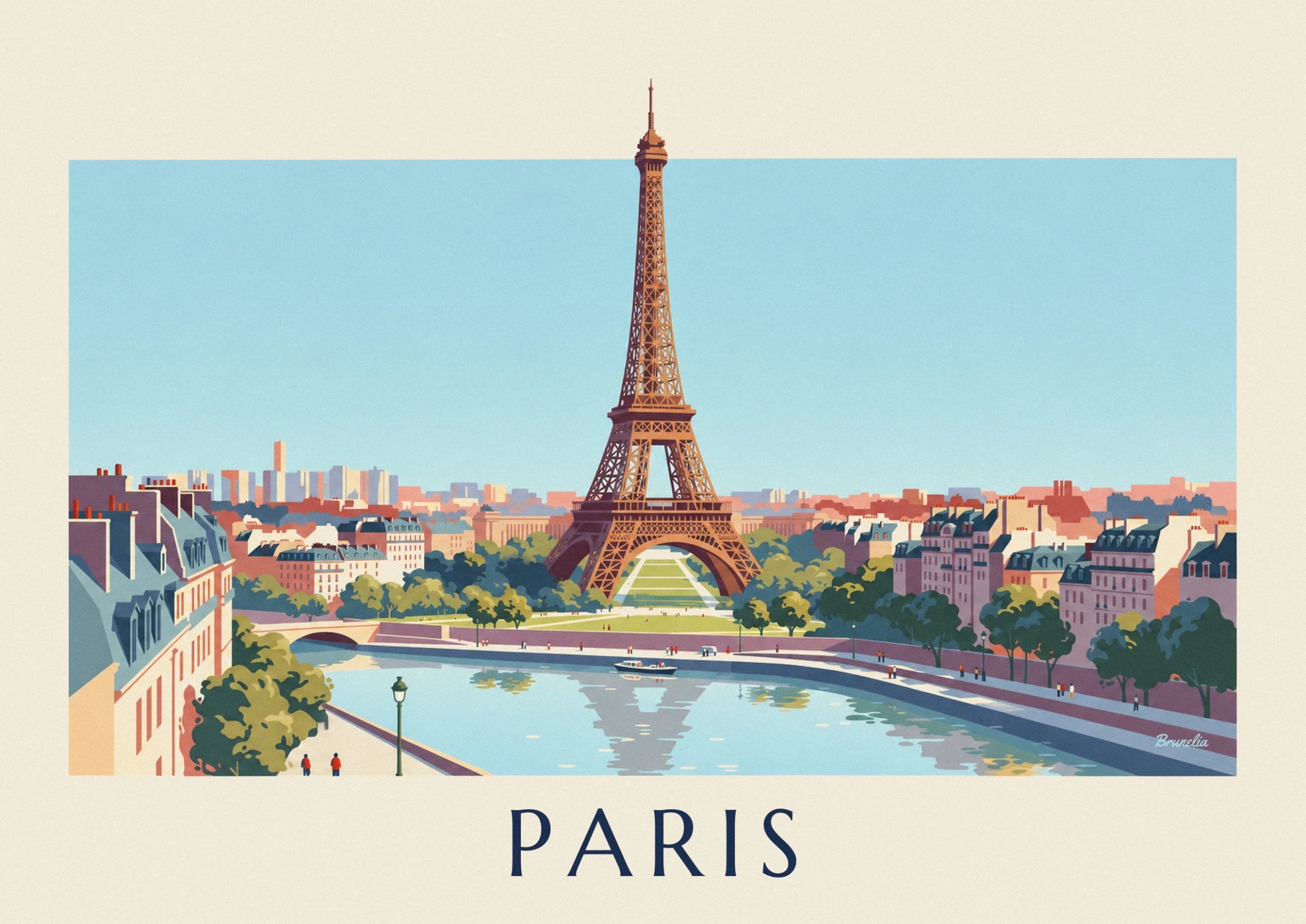 Der Eiffelturm mit seinen ockerfarbenen Streben vor blauem Himmel über den Dächern von Paris