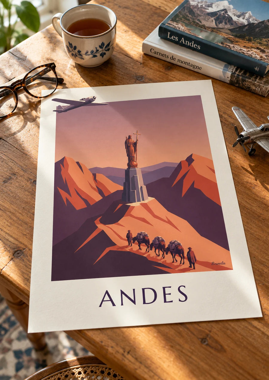 Poster Postflugzeug und Maultierkarawane in den Anden: auf einem Tisch