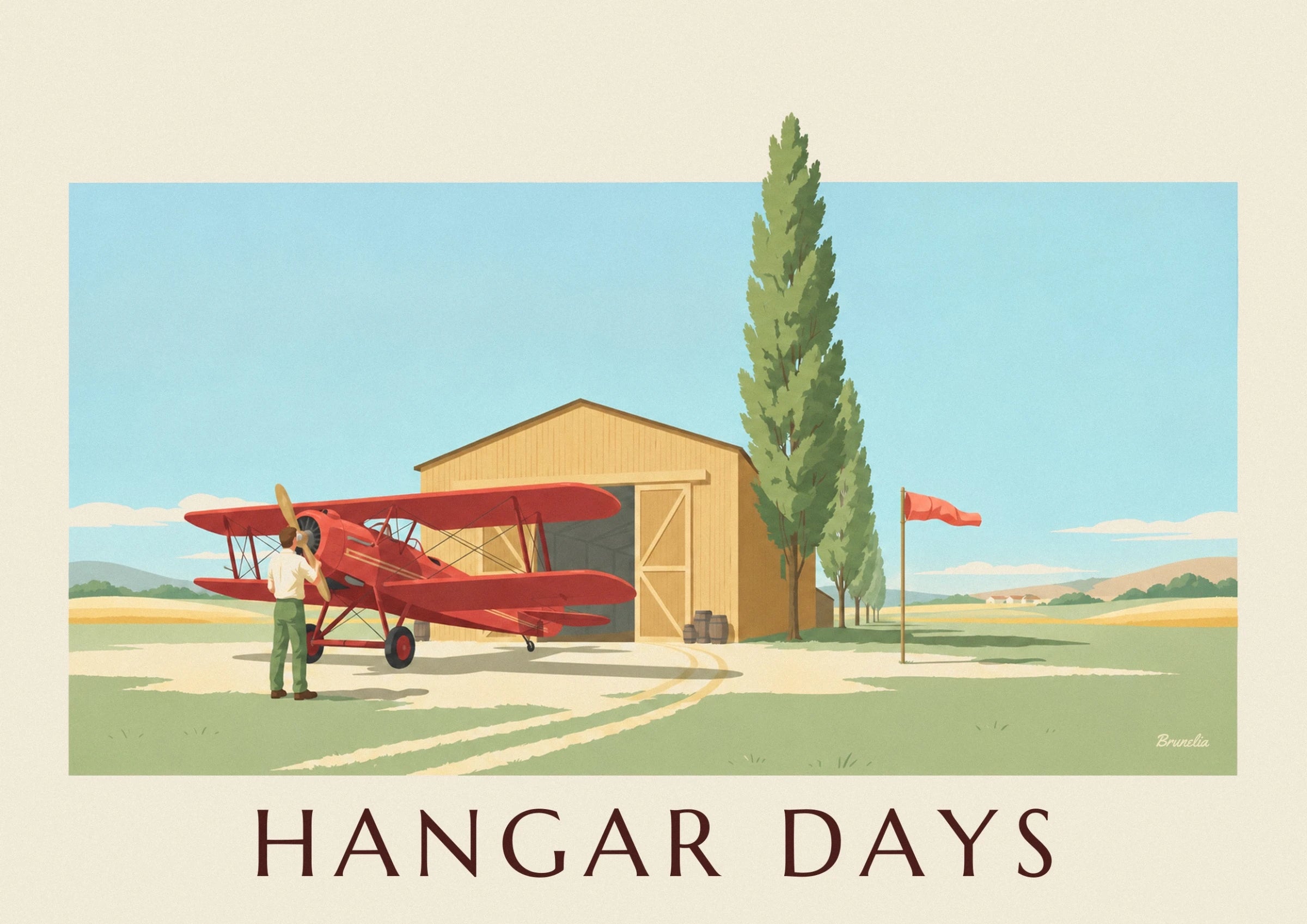The pilot in a white shirt facing the red biplane, in front of the wooden hangar