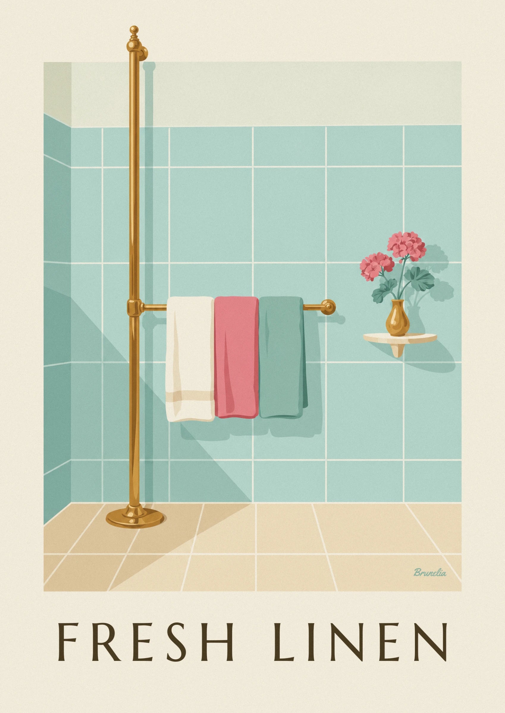 The 3 cream, pink and sea green towels on a brass rail