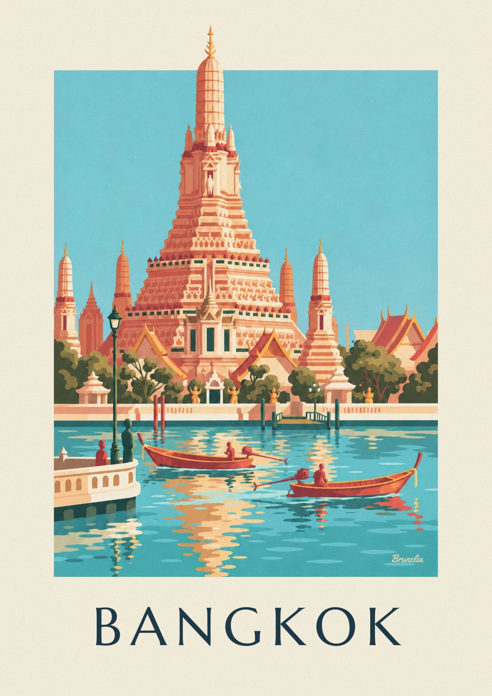 The temple's tall pink stone tower and its small prangs, beneath a turquoise sky
