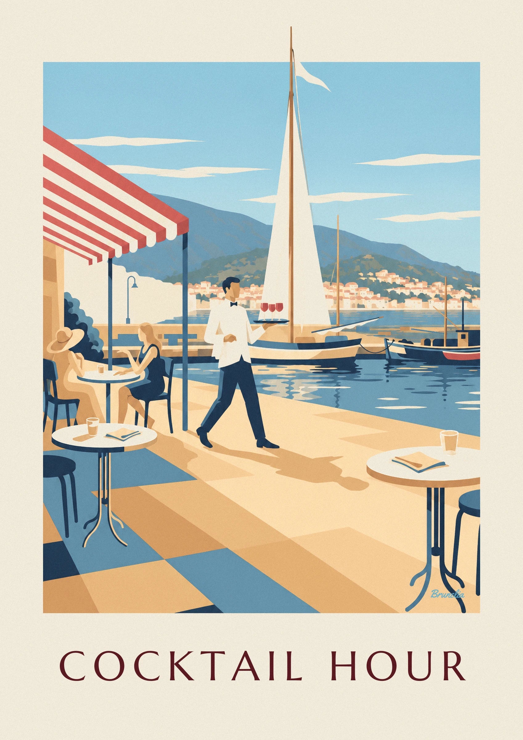 Le serveur en veste blanche et nœud papillon portant 3 verres de vin rouge sur le quai