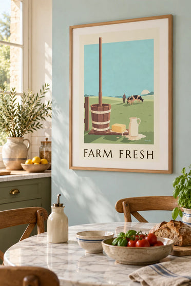 Poster Butterfass aus Holz und Klumpen Bauernbutter: gerahmt an der Wand