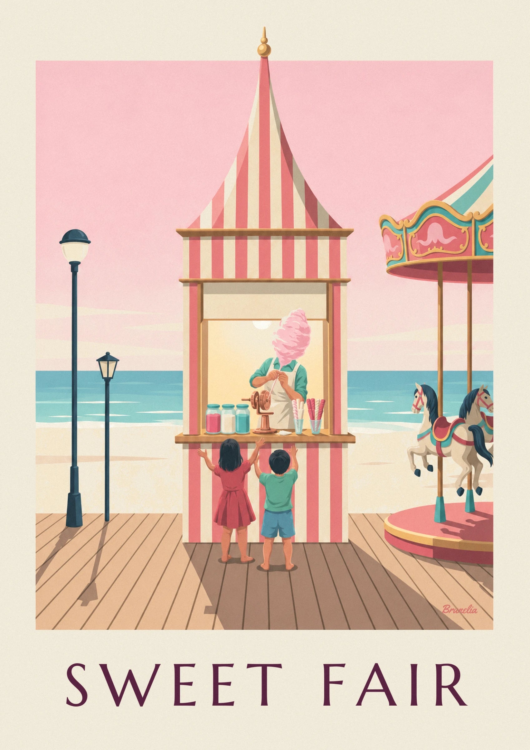 The seller in a white apron spinning pink candyfloss, in front of 3 jars of coloured sugar