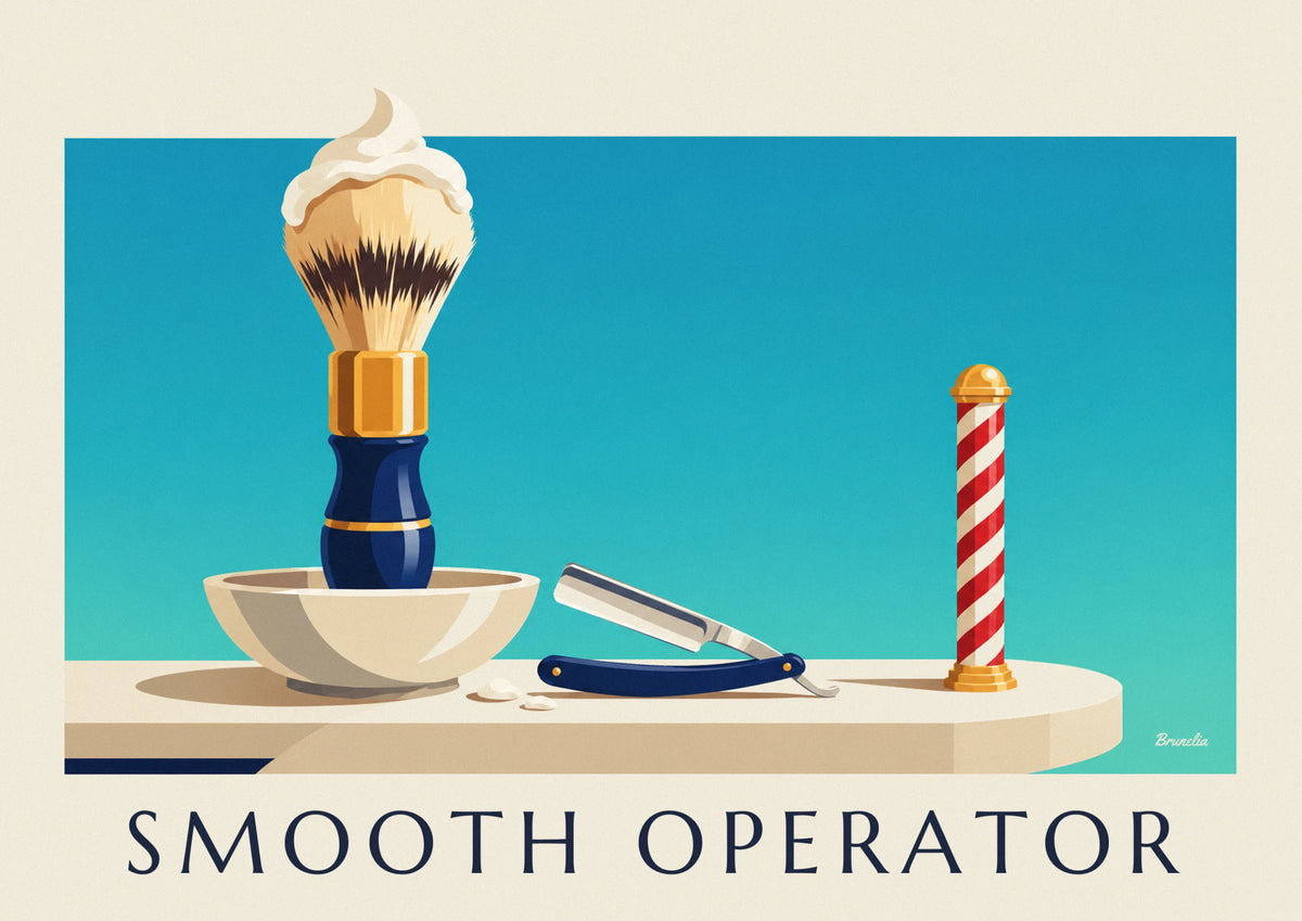 Straight razor and shaving brush in lather bowl poster