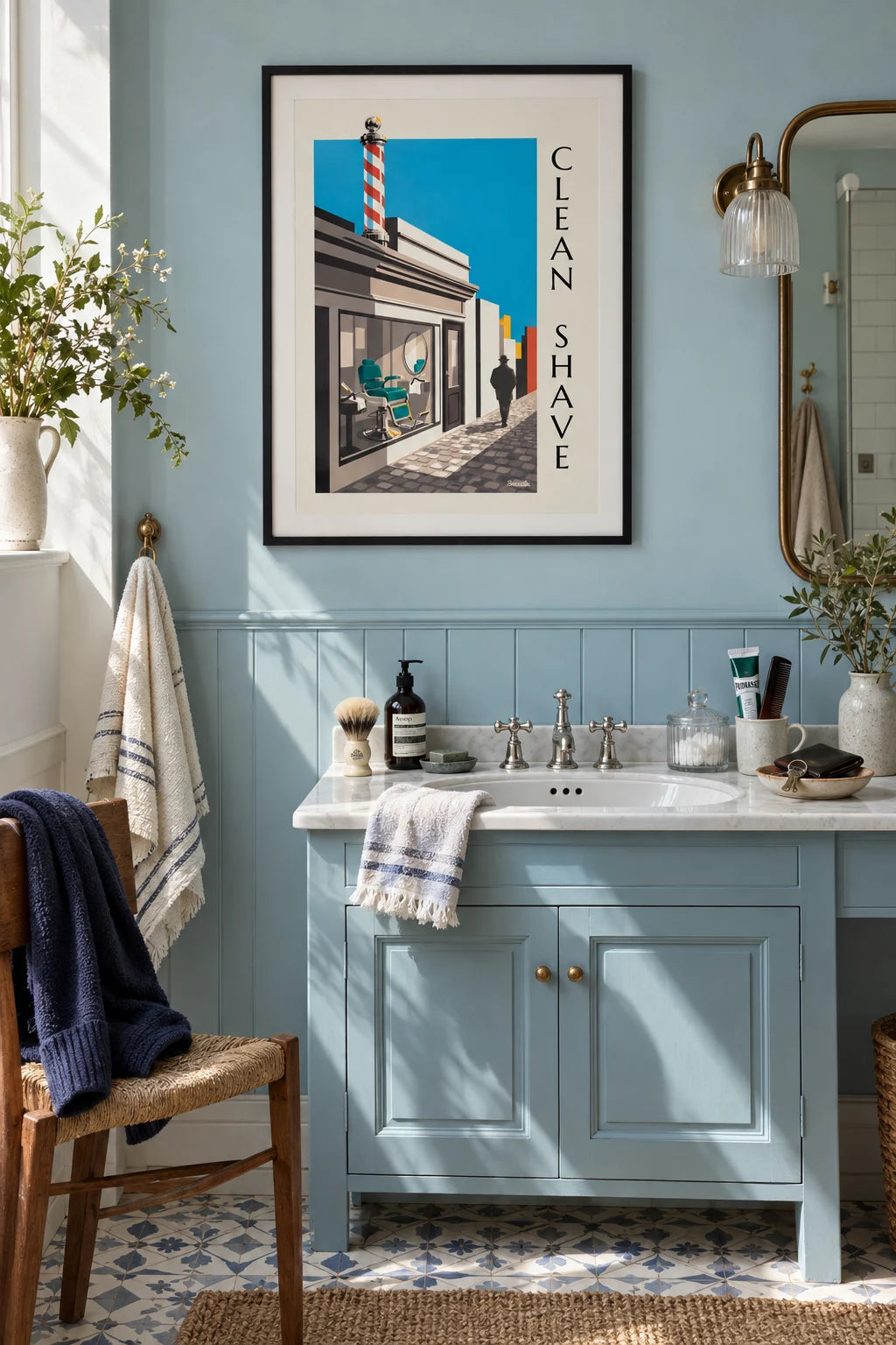 Bathroom: Barber shop front and striped pole on a cobbled street poster on the wall