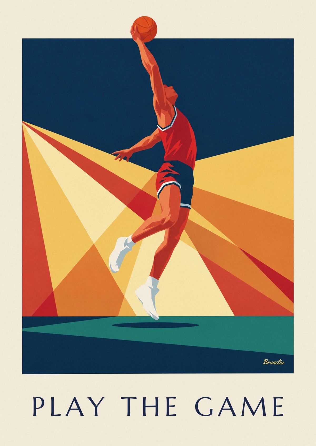 Basketball player mid-dunk with sunburst rays poster