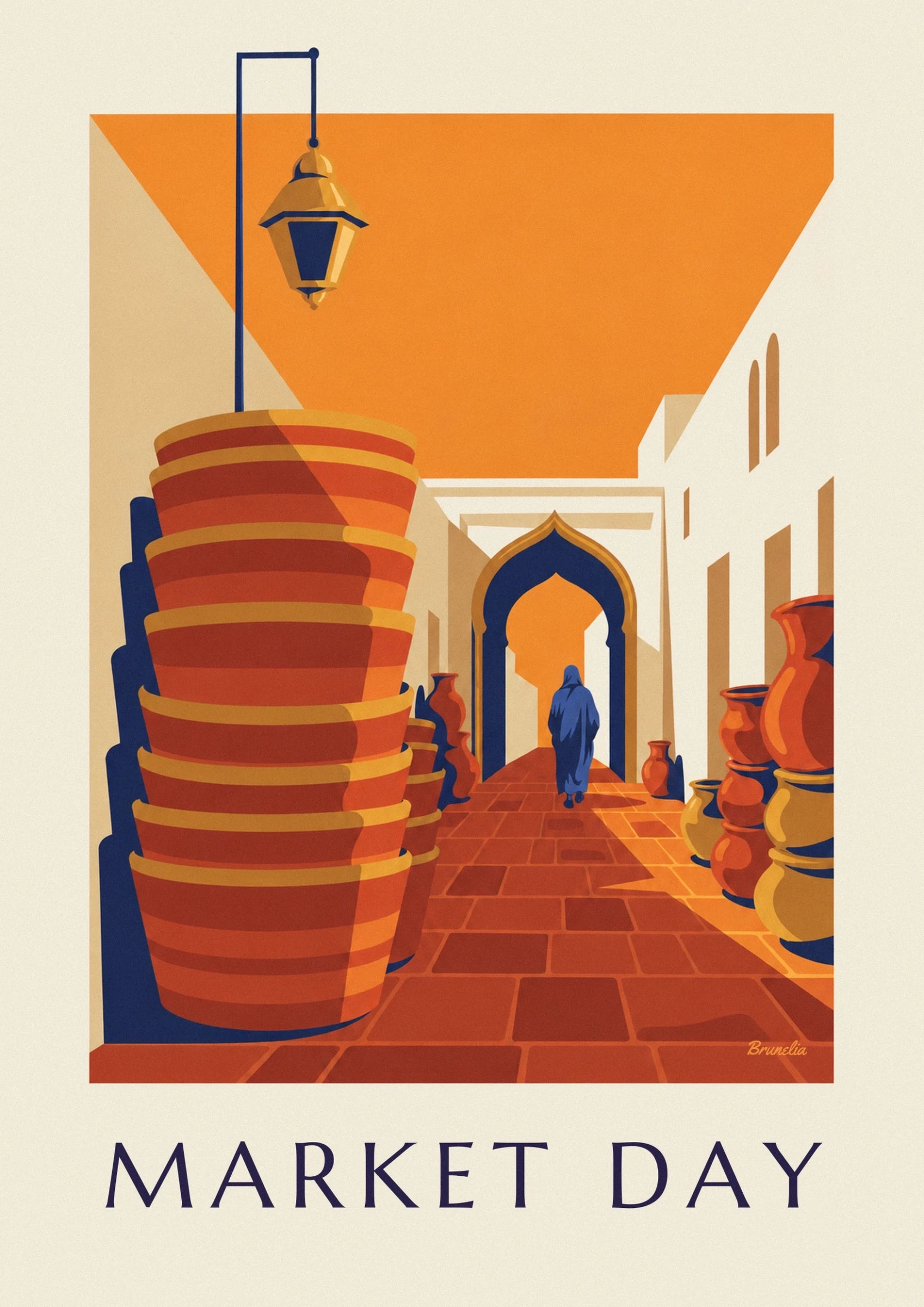 Ein Stapel roter Körbe mit goldenen Rändern in der Gasse