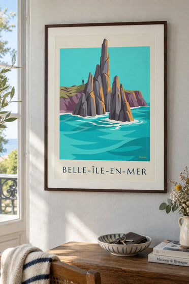 Affiche aiguilles de Port-Coton à Belle-Île-en-Mer : encadrée au mur