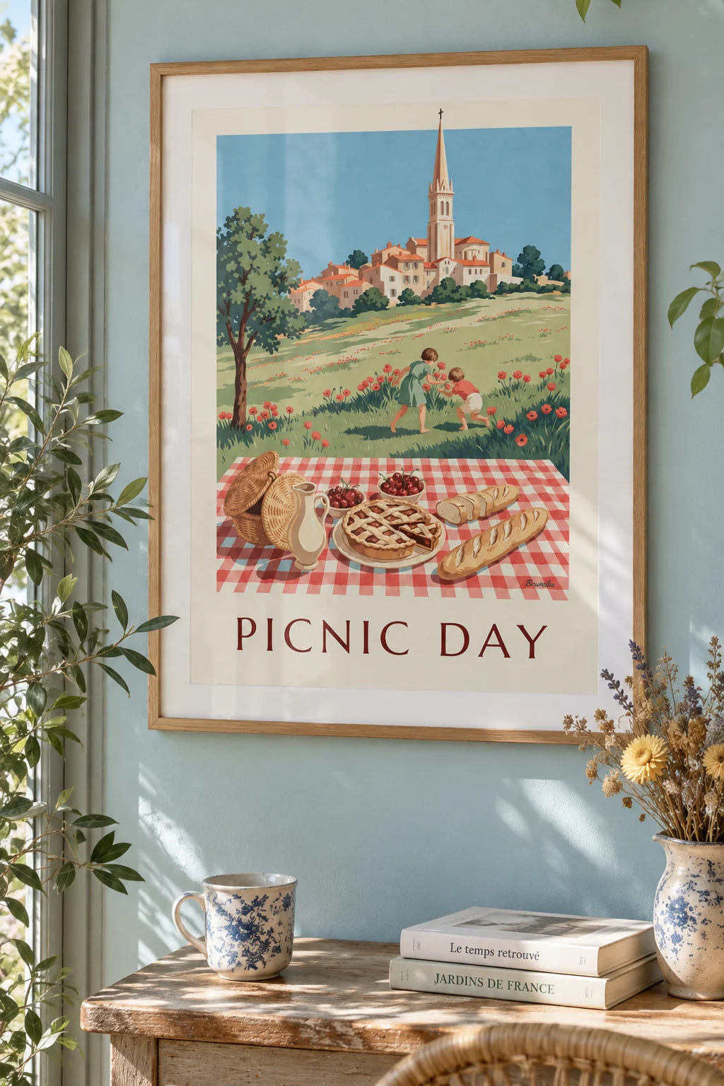 Familien-Picknick-Poster auf einer karierten Tischdecke im Raum