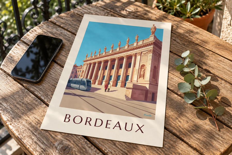 Affiche Grand Théâtre et place de la Comédie à Bordeaux : posée sur une table