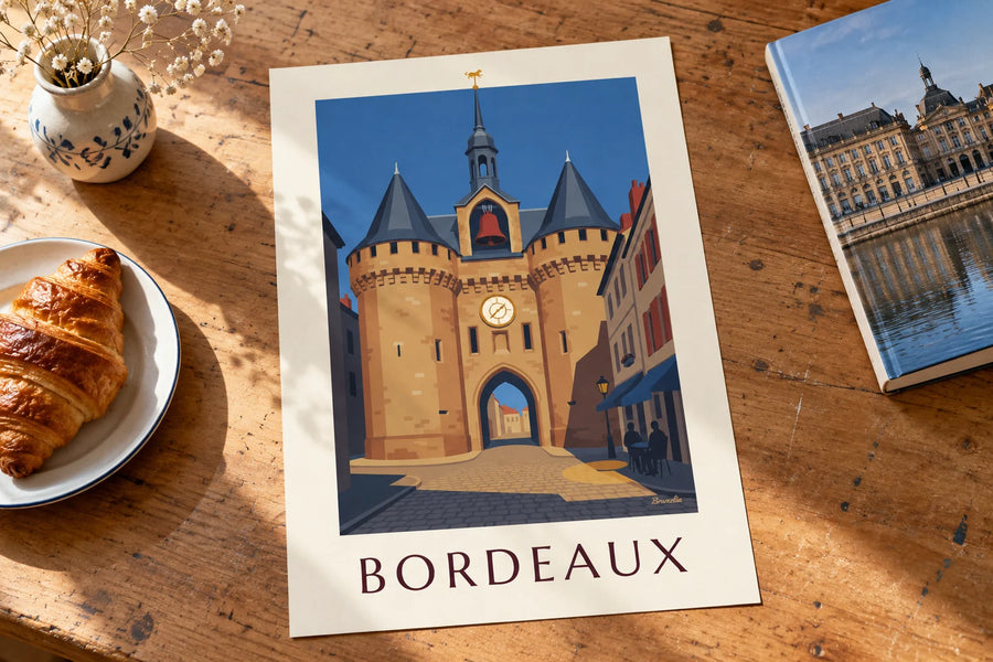 Affiche Grosse Cloche de Bordeaux et terrasse de café : posée sur une table