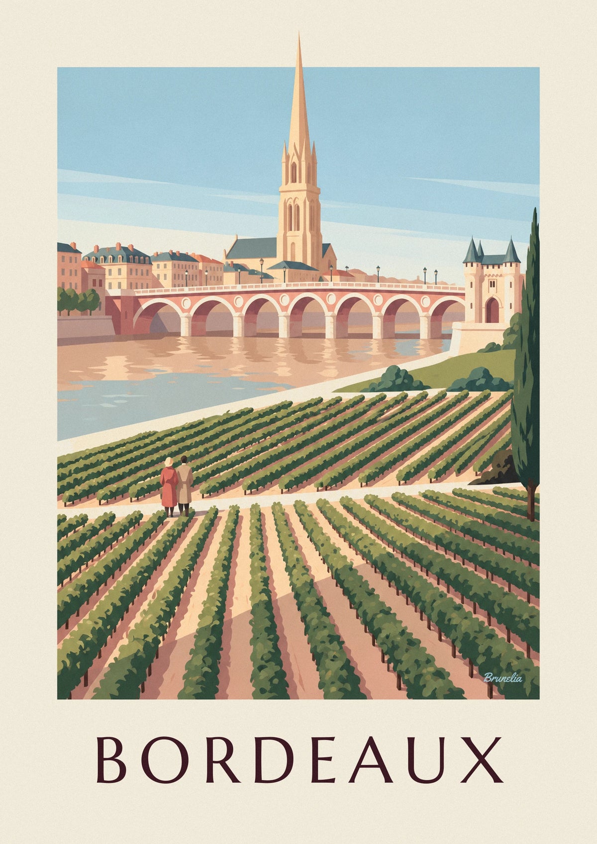 Poster Steinbrücke und Porte Cailhau in Bordeaux, gesehen von den Weinbergen