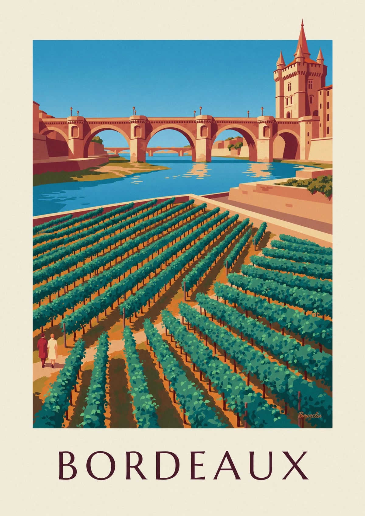 Stone bridge and Porte Cailhau in Bordeaux seen from the vineyards poster
