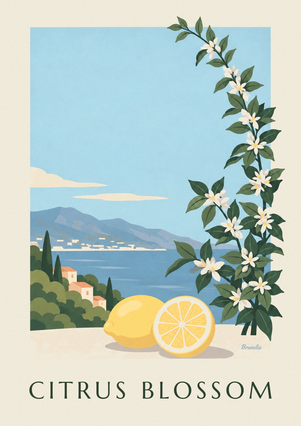 Lemon, half lemon and white lemon blossoms poster