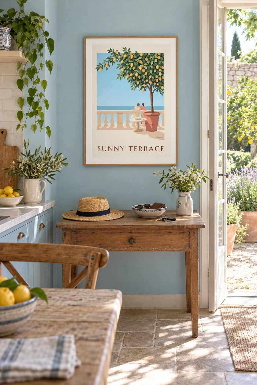 Poster Zitronenbaum im Topf auf einer mediterranen Terrasse: gerahmt an der Wand