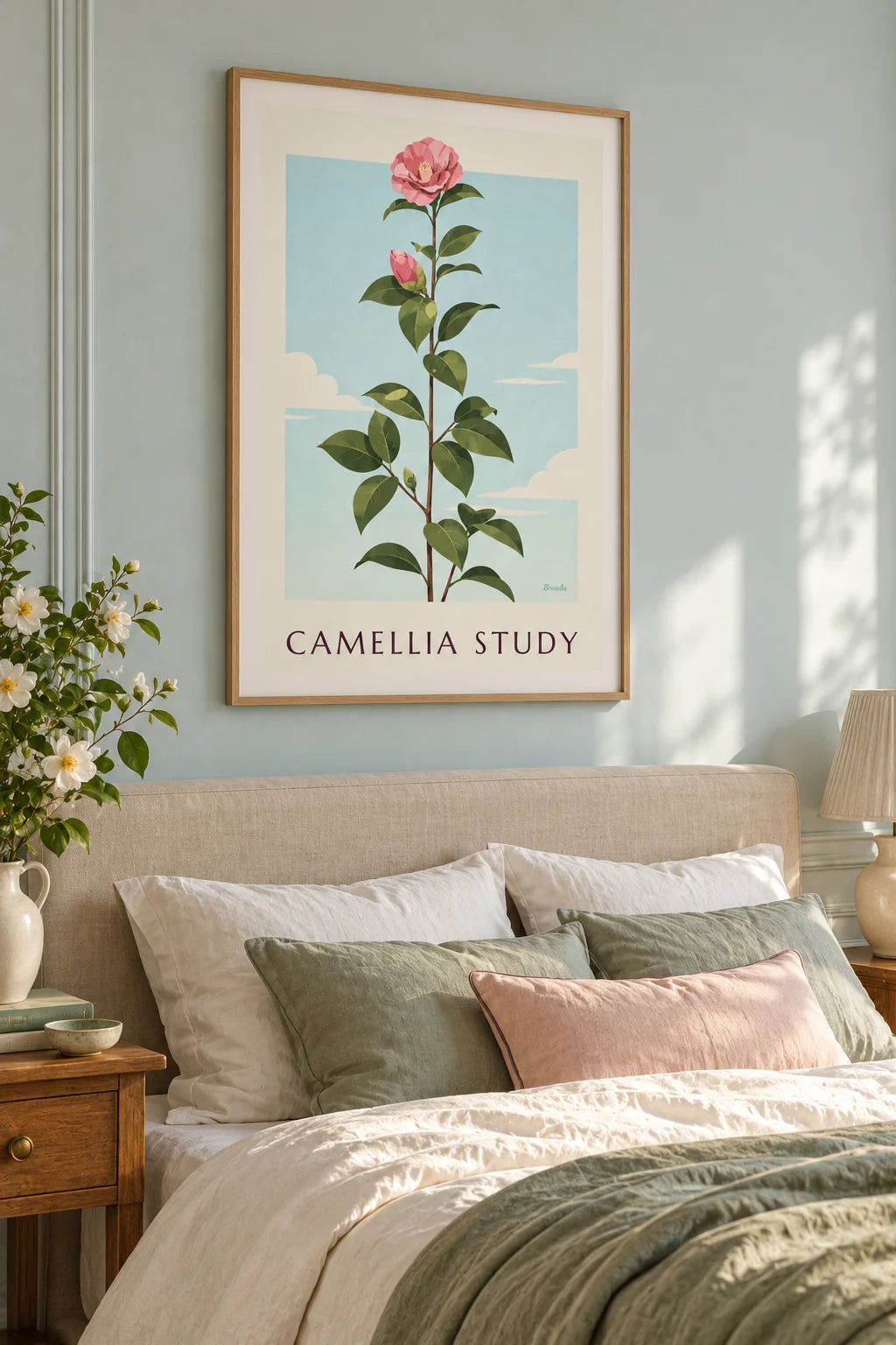 Bedroom: Pink camellia in bloom botanical plate poster on the wall