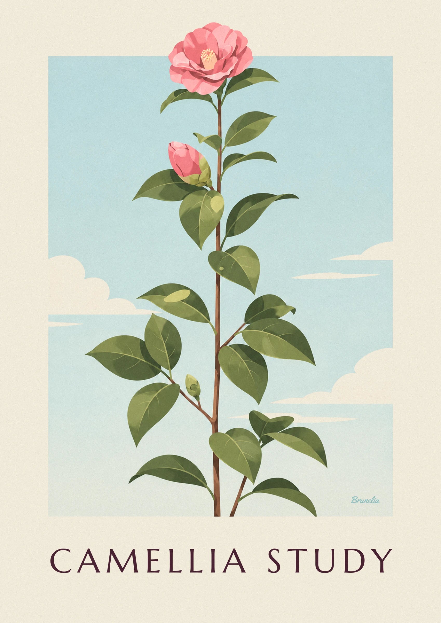 A large pink camellia flower with yellow stamens on its stem, with a bud below