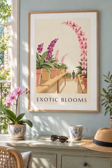Affiche orchidées et fleurs exotiques en serre : encadrée au mur