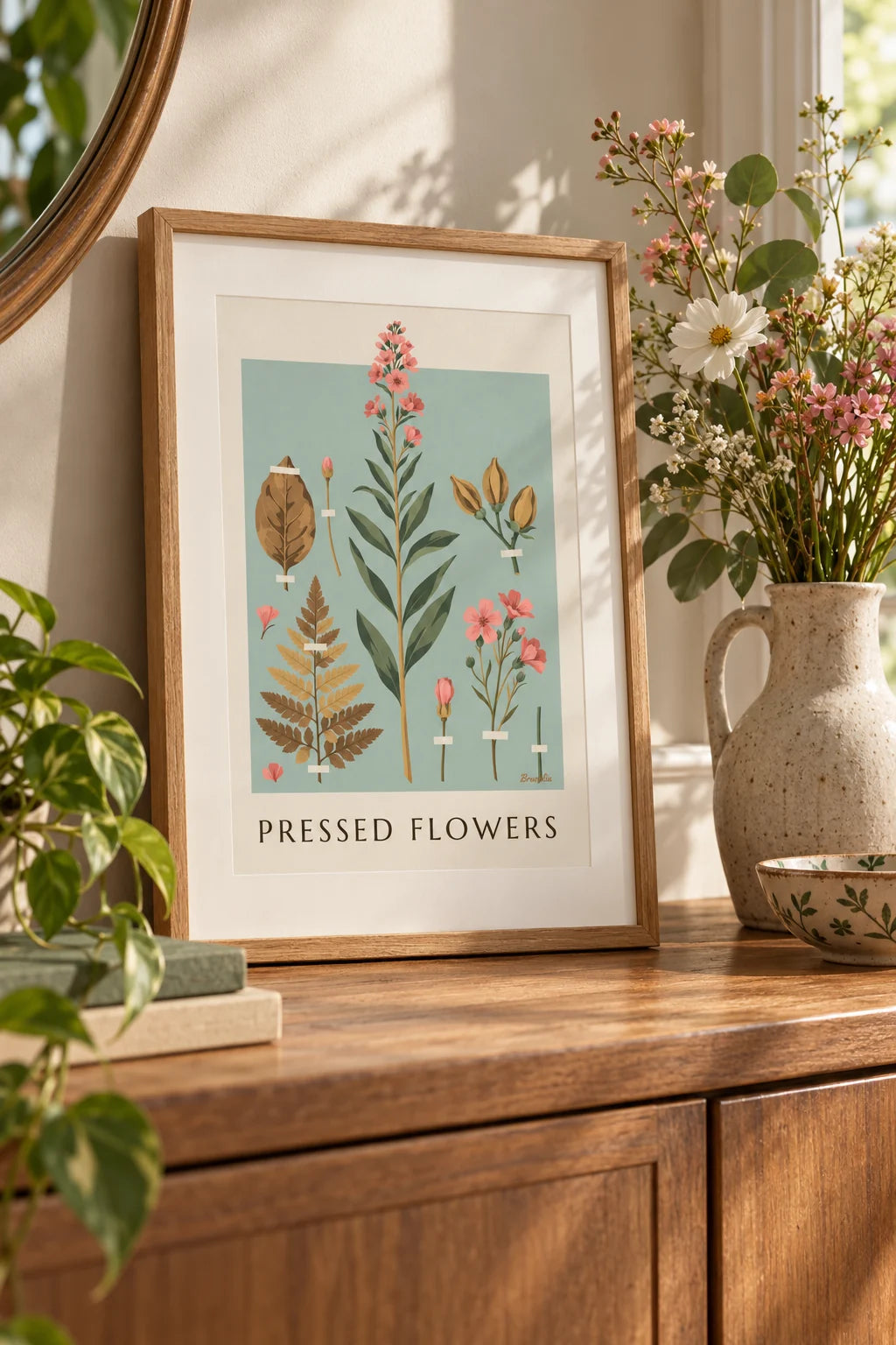 Affiche herbier de plantes et fleurs séchées sur papier crème : petit format A4 encadré