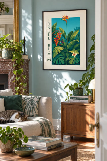 Poster tropischer Dschungel, exotische Blumen und Kolibri: gerahmt an der Wand