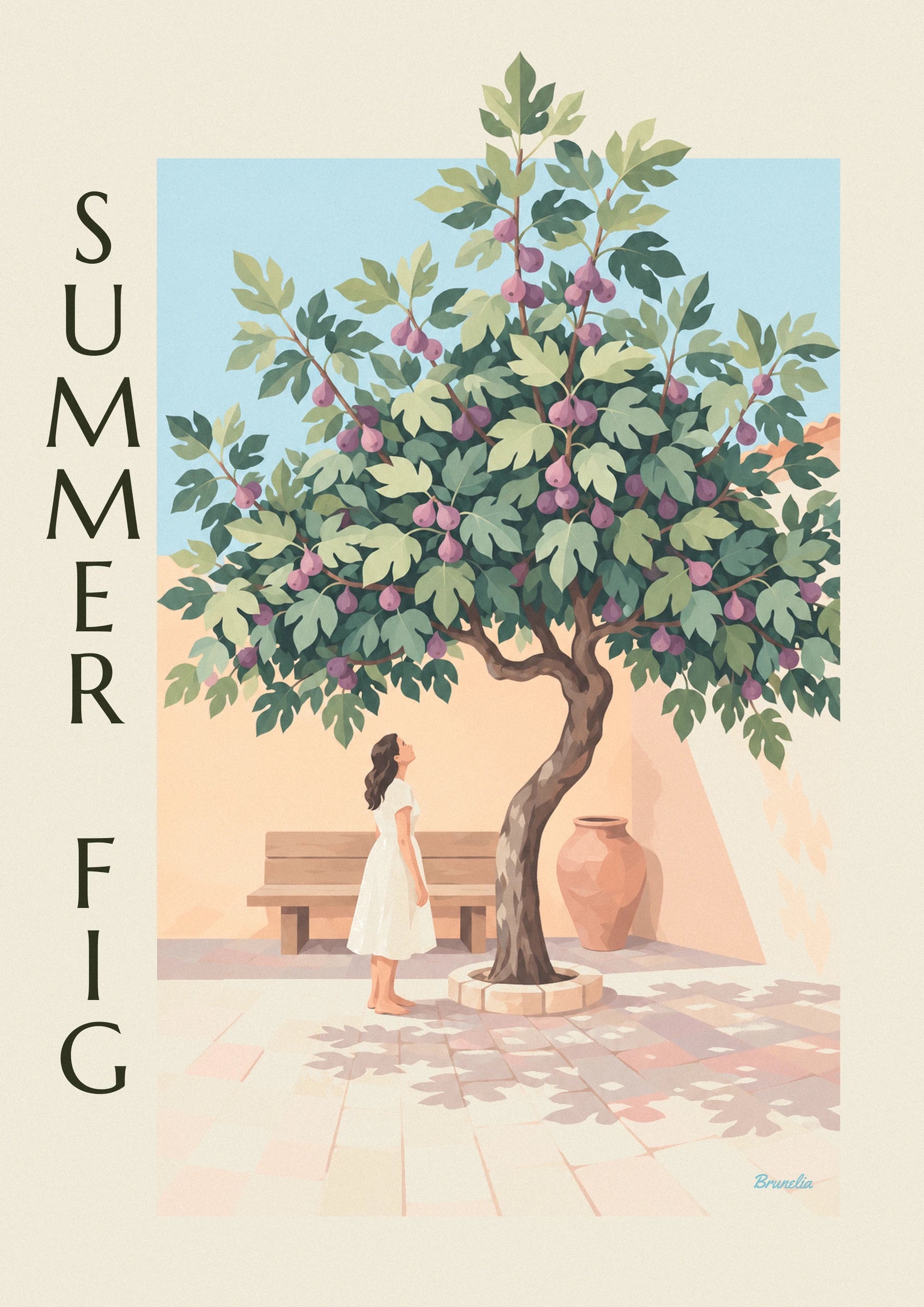 Poster Feigenbaum voller violetter Feigen in einem Steinhof: Detail in Nahaufnahme