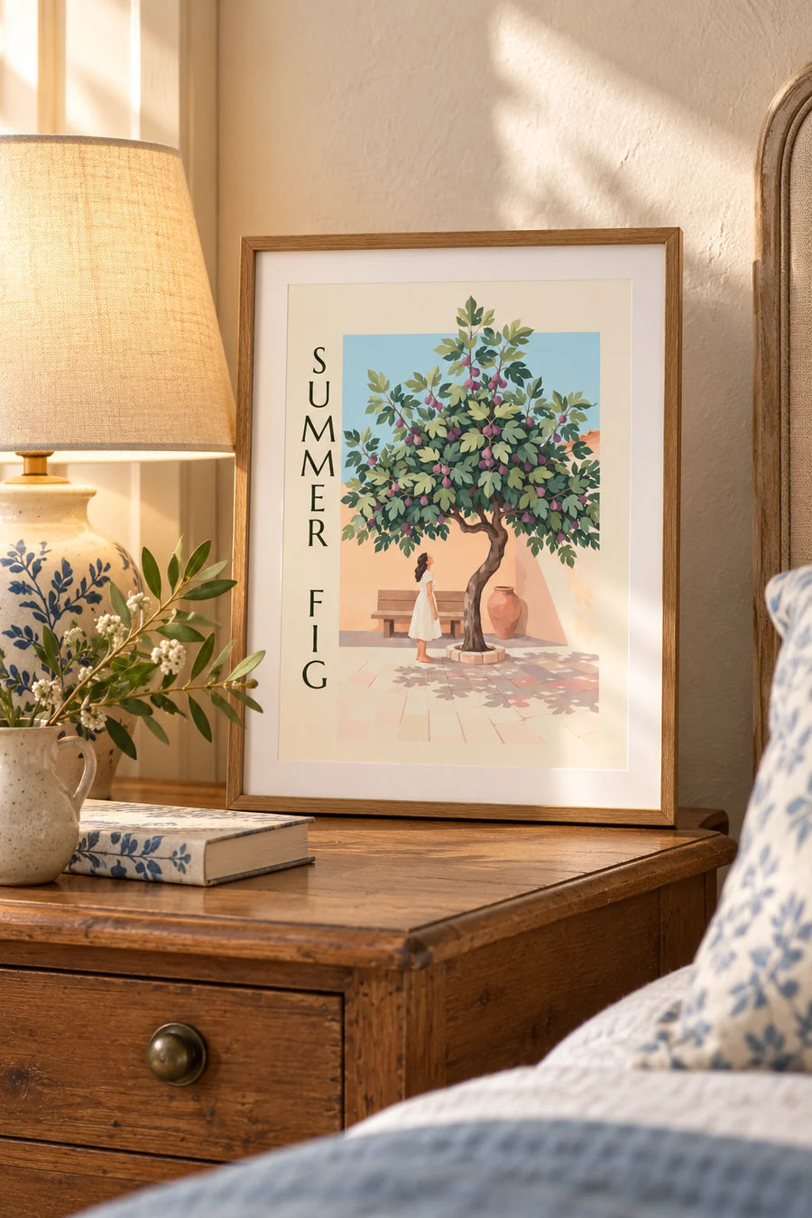 Poster Feigenbaum voller violetter Feigen in einem Steinhof: kleines Format A4, gerahmt