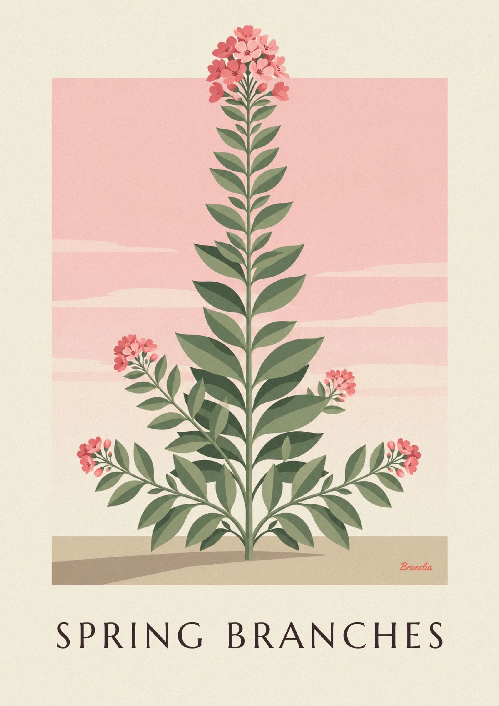 A cluster of pink flowers at the top of a stem with green leaves, against a two-tone background