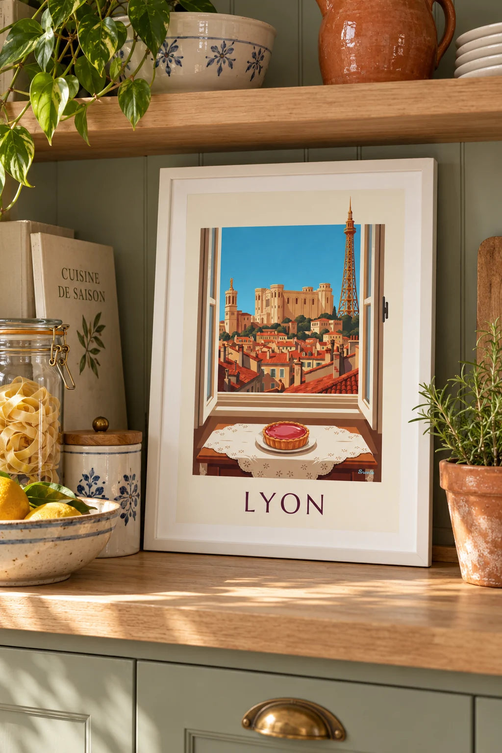 Kitchen: Pink praline tart at a Lyon living room window poster on the wall