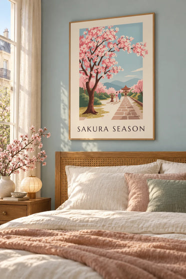 Affiche branche de cerisier du Japon en fleurs : encadrée au mur