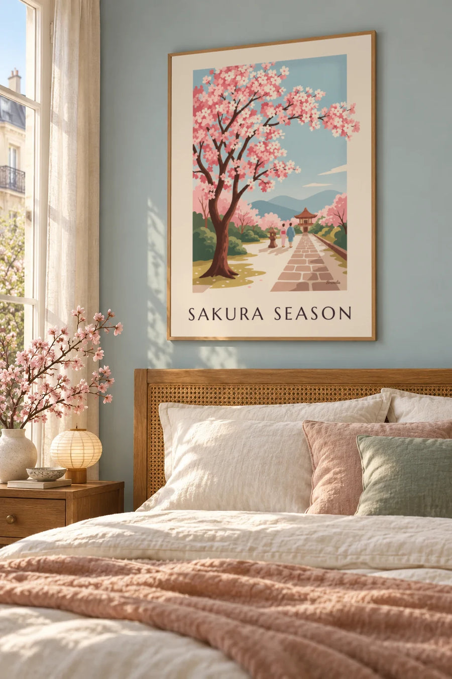 Affiche branche de cerisier du Japon en fleurs : encadrée au mur