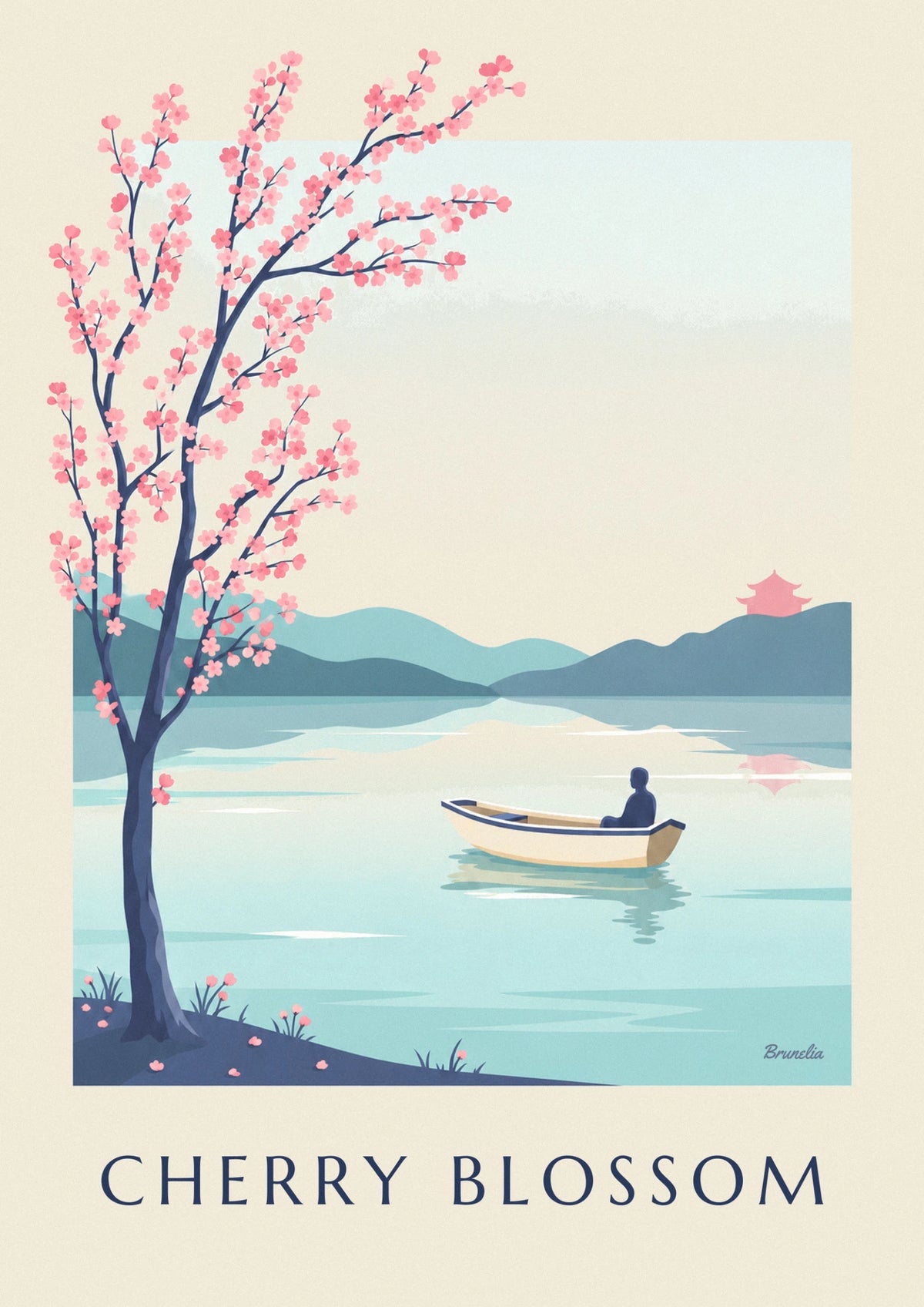 Affiche branche de cerisier en fleurs au-dessus d'un lac japonais