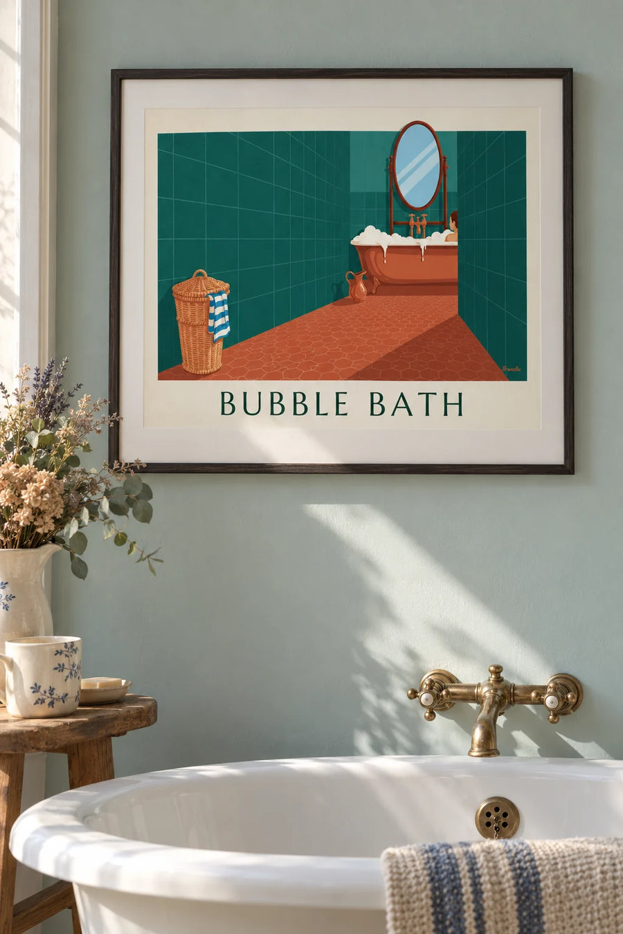 Poster of a green bathroom, copper bathtub and wicker basket: framed on the wall
