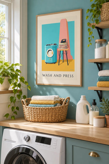 Poster Wäsche und Bügeln mit Frontlader-Waschmaschine: gerahmt an der Wand