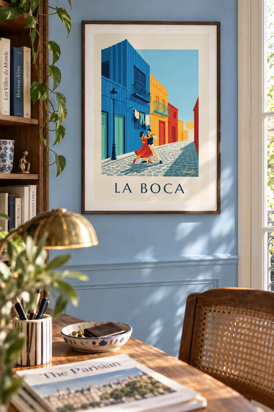 Poster of a tango couple in front of the colorful houses of La Boca: framed on the wall