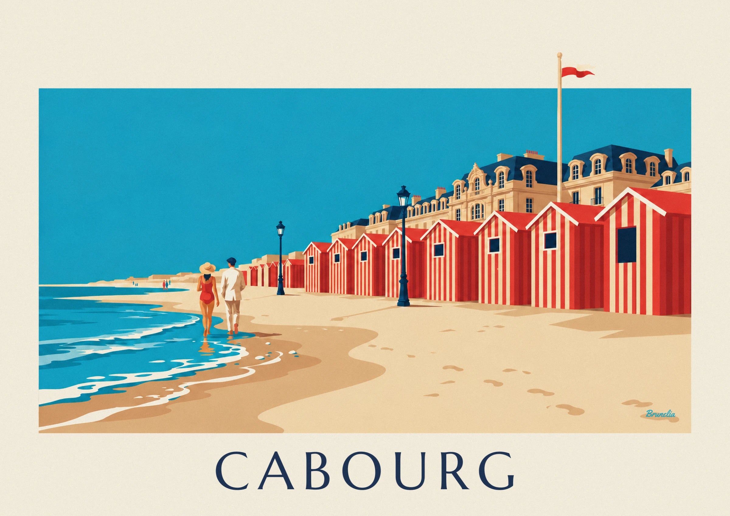 Le couple qui marche pieds nus au bord de l'eau, elle en maillot rouge et chapeau de paille